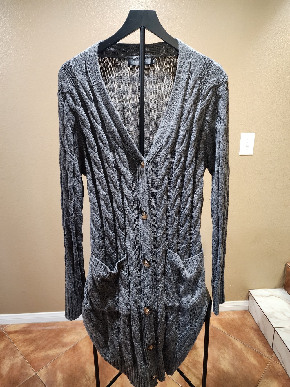 & Other Stories Gray Cable Knit Long Button Cardigan